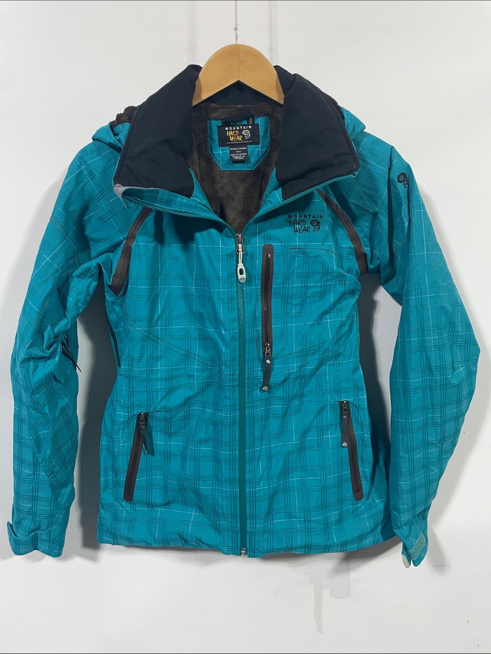Mountain Hardwear Teal Plaid Ski Jacket with Hood